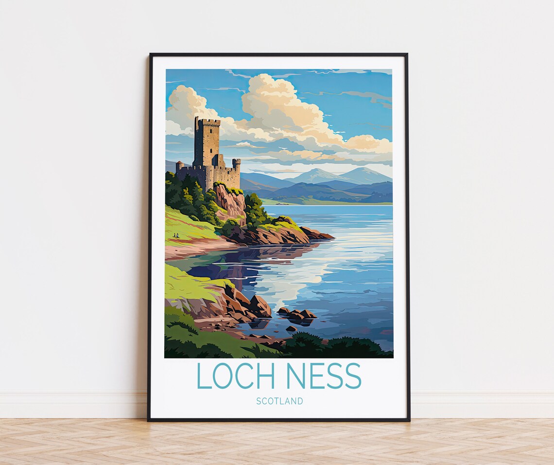 Loch Ness Scotland Lakeside Castle Morning Shore View Travel Poster