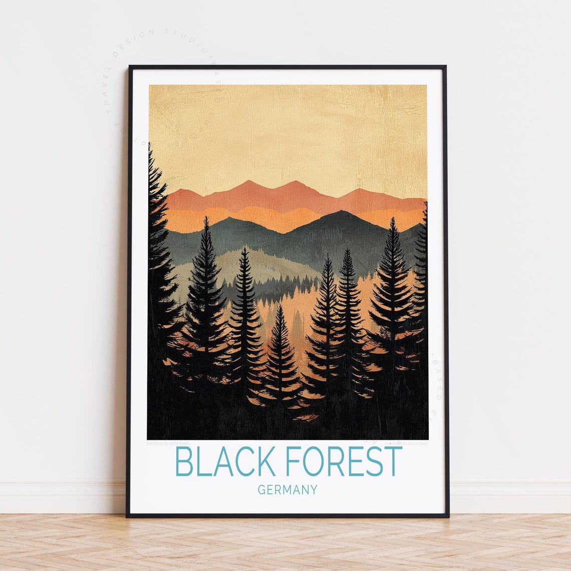 Black Forest Germany Pine Silhouette Golden Mountain Range Poster