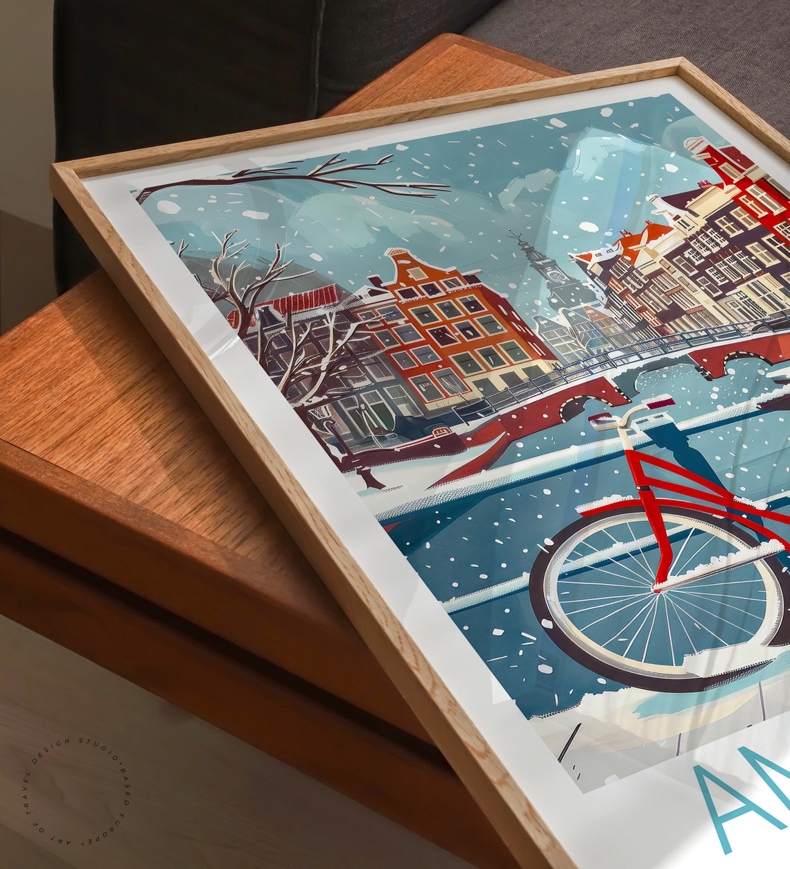 Amsterdam Netherlands Red Bicycle in Falling Snow by the Canal Poster - Image 3