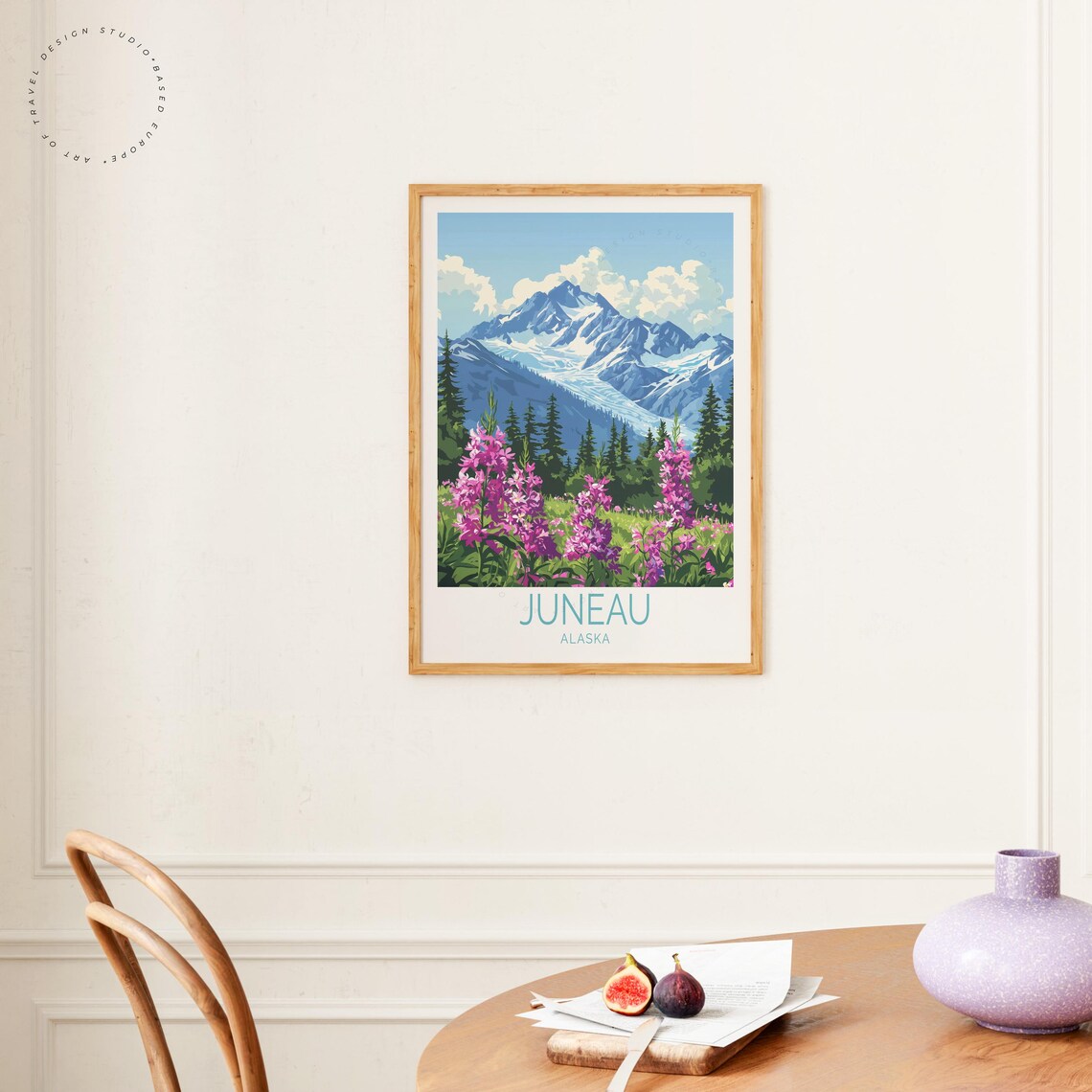 Juneau Alaska Glacier Capped Peak Pink Wildflowers Blue Sky Poster - Image 4