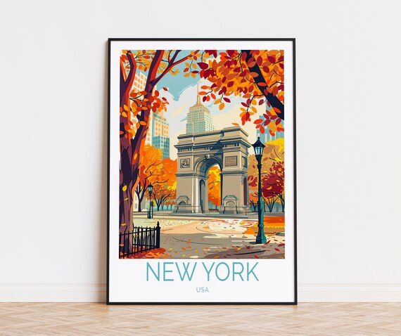 New York City Washington Square Arch Fall Foliage View Poster