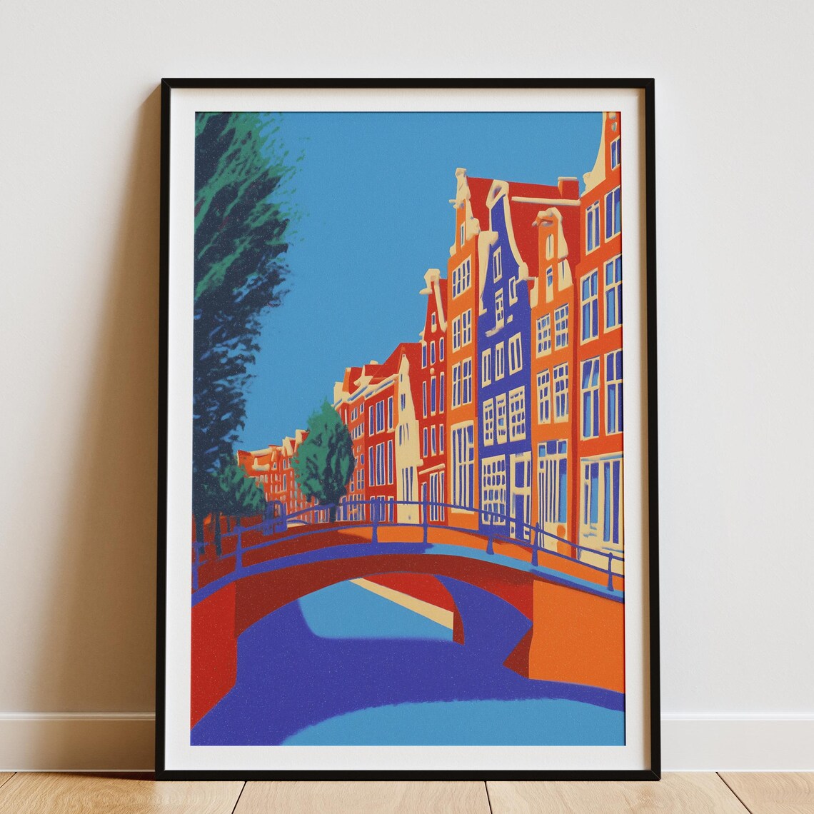 Amsterdam Canal Bridge Colorful Houses Blue Sky Travel Poster