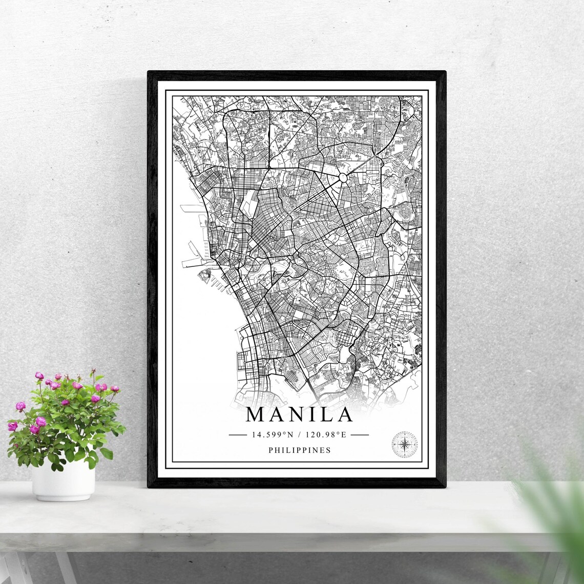 Manila City Map, Black and White Travel Poster