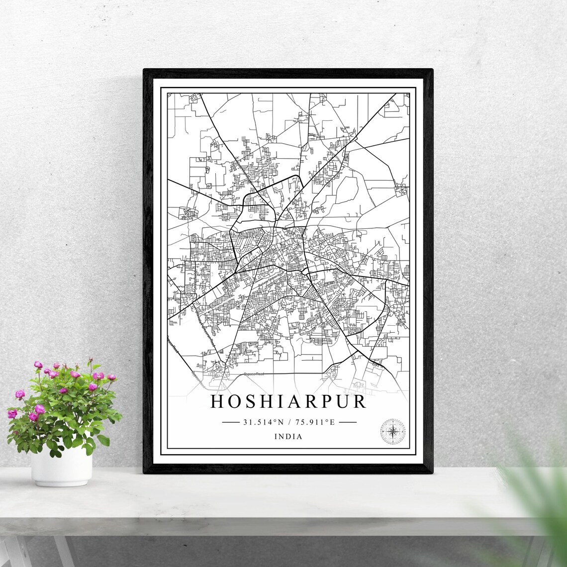 Hoshiarpur India City Map Minimalist Black And White Wall Art
