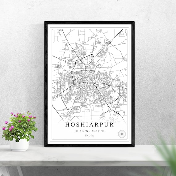 Hoshiarpur India City Map Minimalist Black And White Wall Art