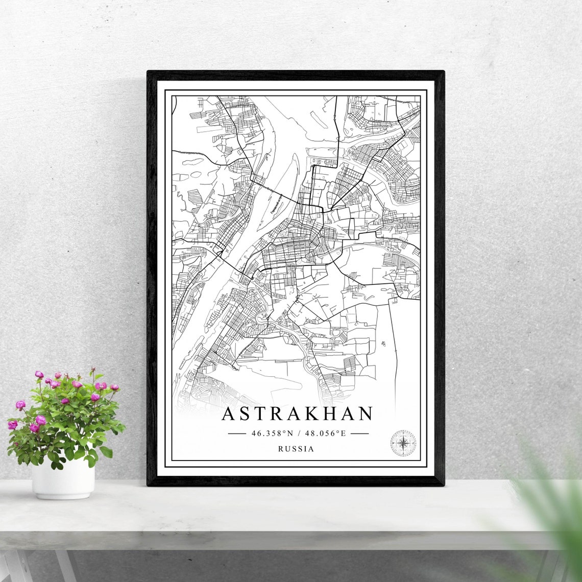 Astrakhan Russia Black and White City Map Travel Poster Decor