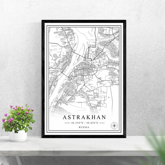Astrakhan Russia Black and White City Map Travel Poster Decor