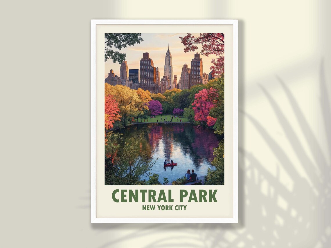 Central Park Lake Rowboats City Skyline New York Travel Poster