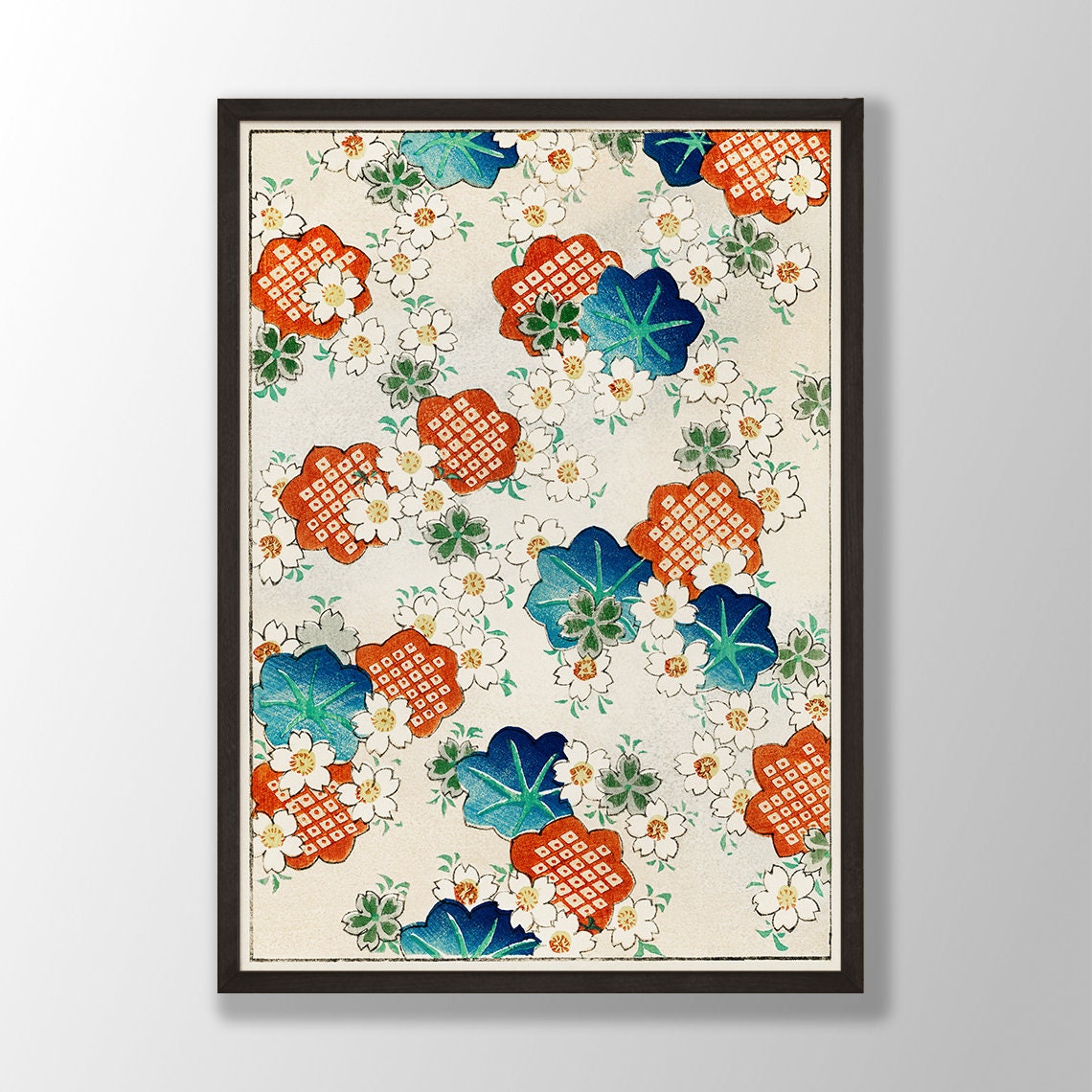 Red and Blue Japanese Floral Kimono Style Textile Pattern Poster