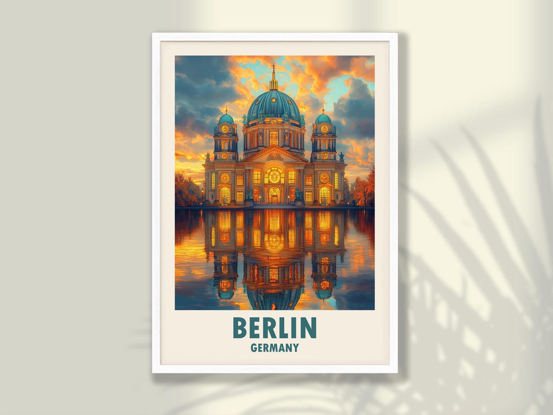 Berlin Germany Cathedral Sunset Reflection Golden Sky Poster