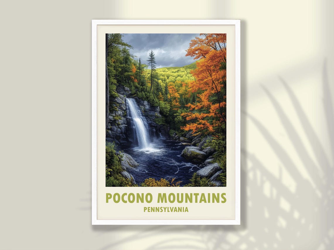Pocono Mountains Pennsylvania Waterfall Autumn Forest Travel Poster