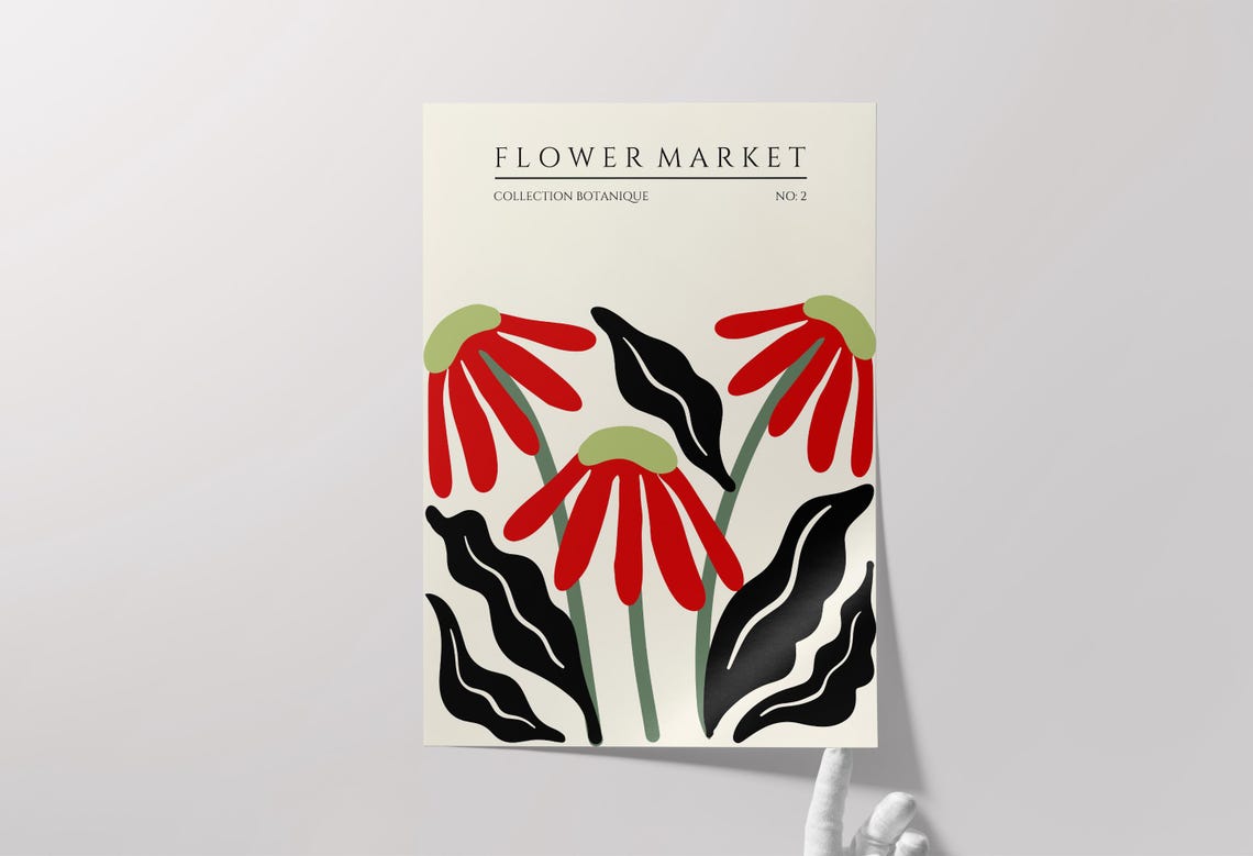 Flower Market Red Daisy Abstract Botanical Modern Graphic Art Poster