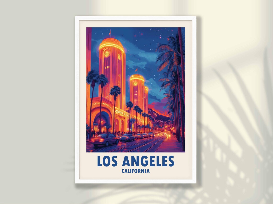 Los Angeles California Neon Night Clock Towers Palm Street Poster
