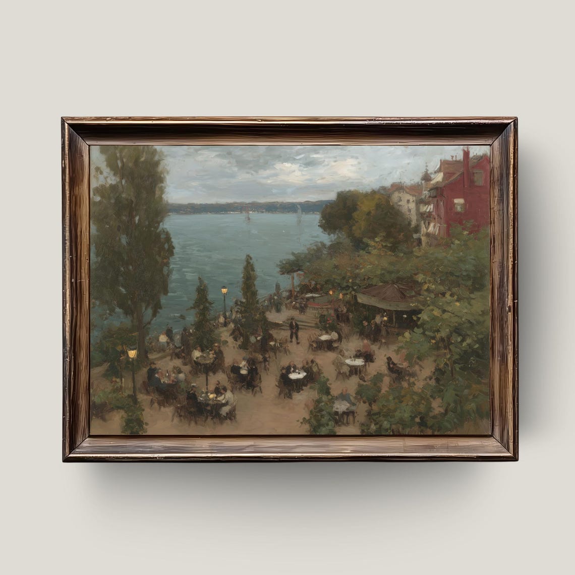 Lakeside Terrace Cafe Diners Under Trees Vintage Oil Painting Poster