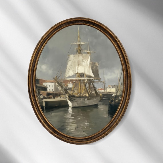 Vintage Sailing Ship Nautical Harbor Tall Masts Oil Painting Poster