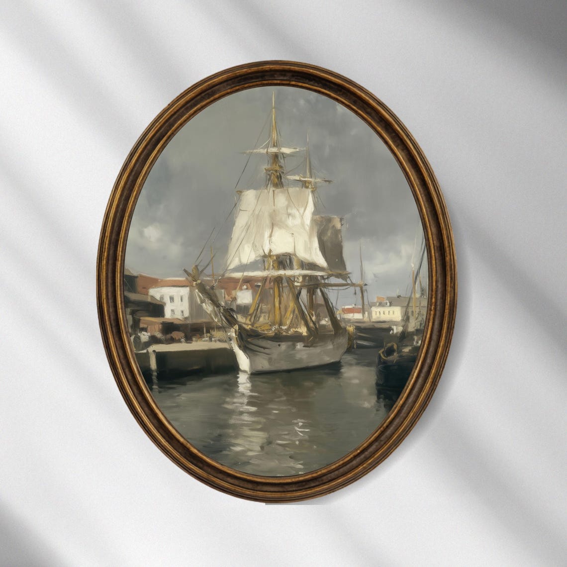 Vintage Sailing Ship Nautical Harbor Tall Masts Oil Painting Poster