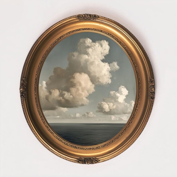 Calm Ocean Under Dramatic Clouds Vintage Seascape Oil Painting Art Print