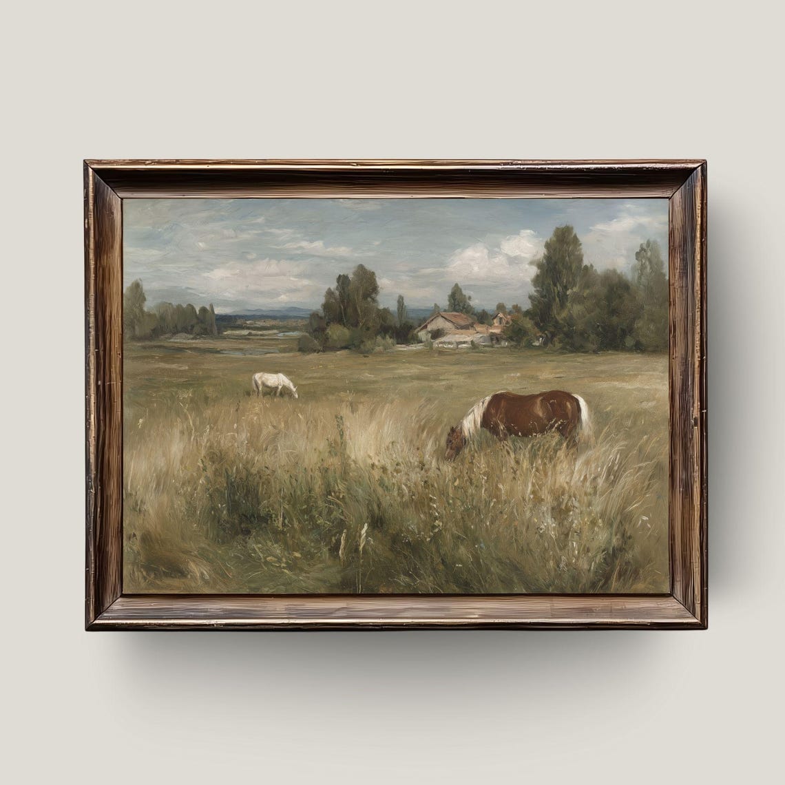 Horses Grazing in Pasture Vintage Rustic Farmhouse Painting Poster