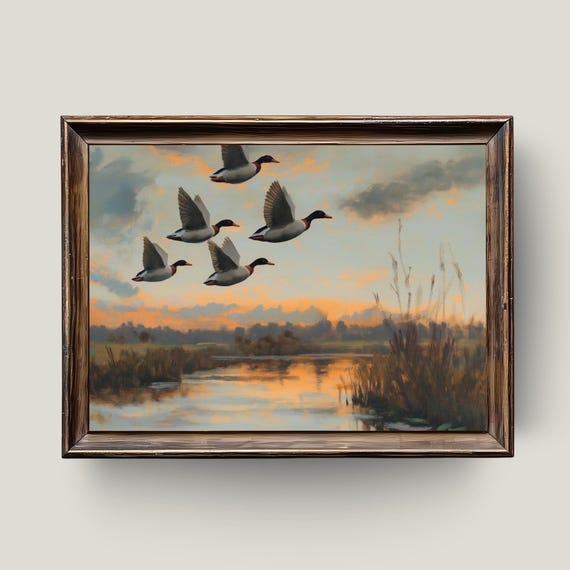 Flying Ducks Wetland Painting Peaceful Marsh Sunset Wildlife Wall Art