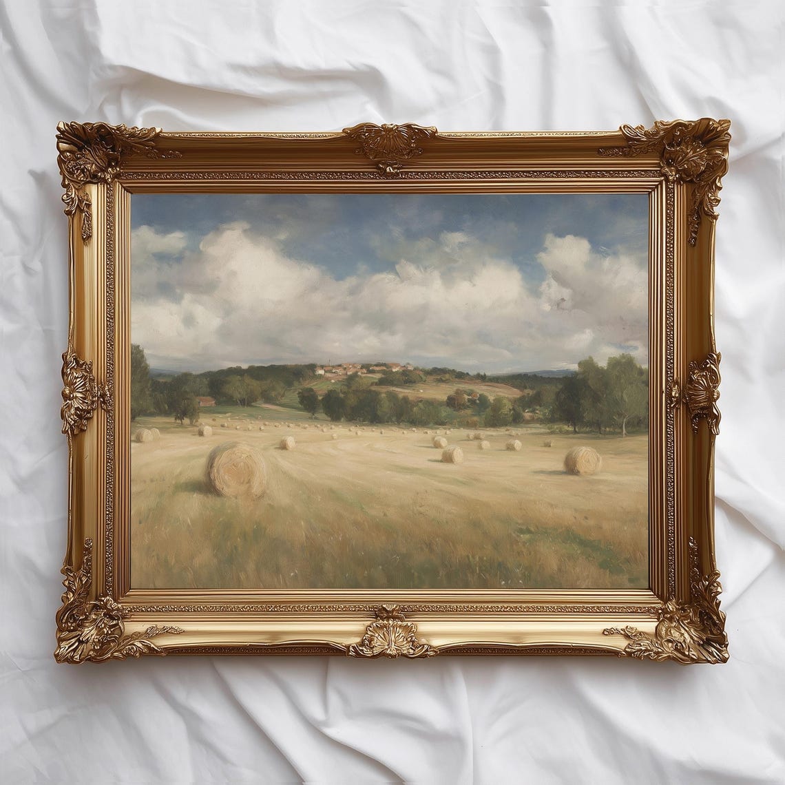 Golden Hayfield With Hay Bales Rustic Country Vintage Painting Print