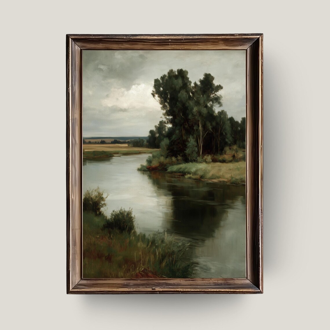Serene Riverbend Vintage Oil Painting Tranquil Green Landscape Print