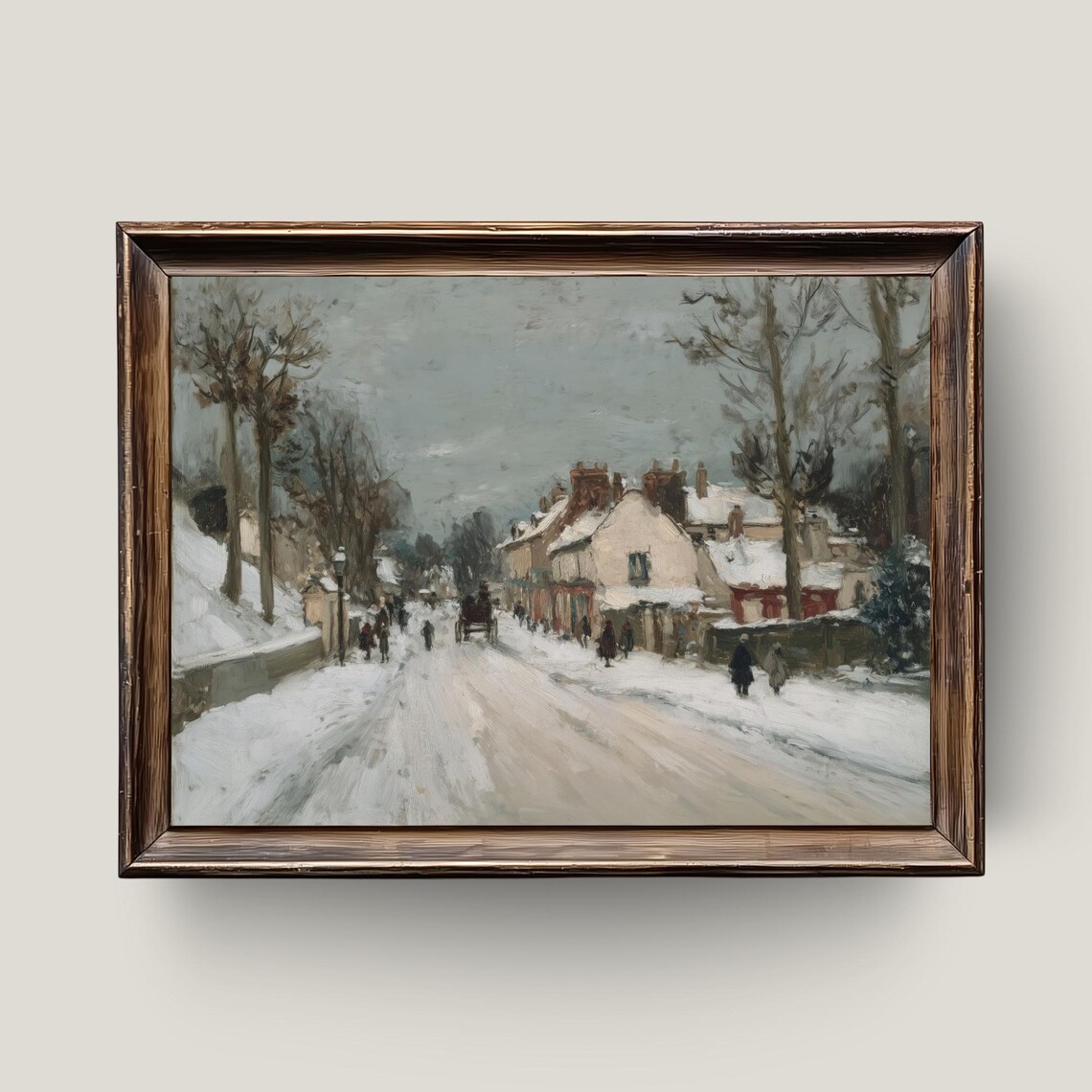 Snowy Village Street Vintage Winter Oil Painting Horse Carriage Wall Art