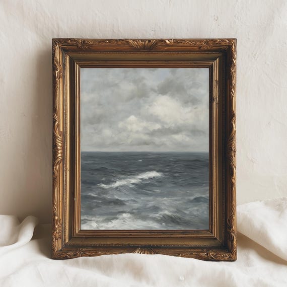 Stormy Sea Horizon Ocean Waves Painting Coastal Minimalist Wall Art Serene Nautical Decor