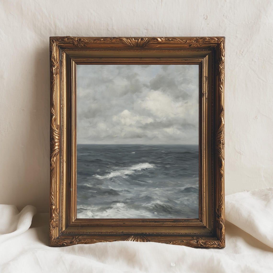 Stormy Sea Horizon Oil Painting Dark Moody Waves Seascape Print