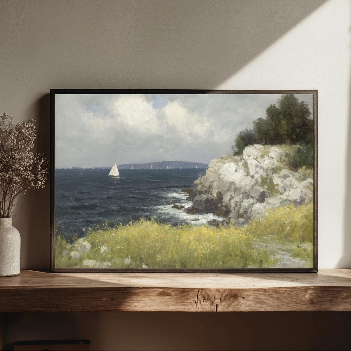 Sailboat Rocky Coast Painting White Cliffs Golden Meadow Wall Art