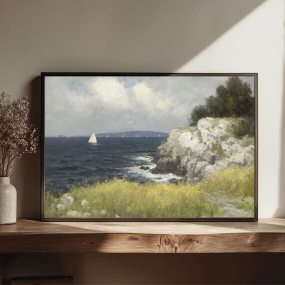 Sailboat Rocky Coast Painting White Cliffs Golden Meadow Wall Art