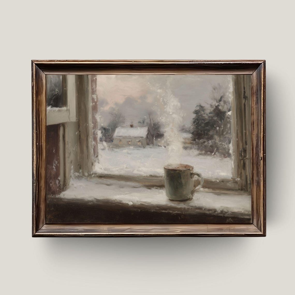 Cozy Winter Window Steaming Coffee Mug Snowy Cottage View Art Poster