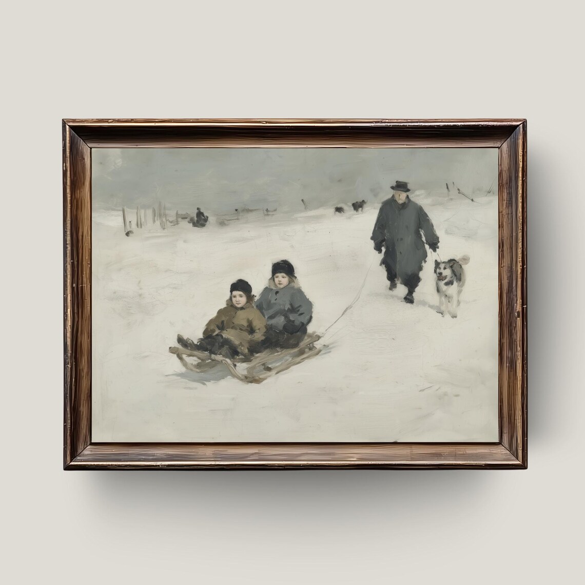 Vintage Winter Sled Ride Family Children Snow Day Painting Poster