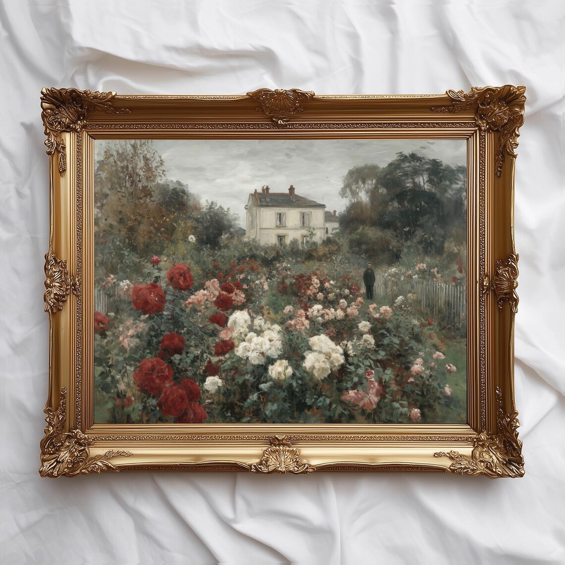 Romantic Rose Garden Cottage Vintage Floral Oil Painting Print