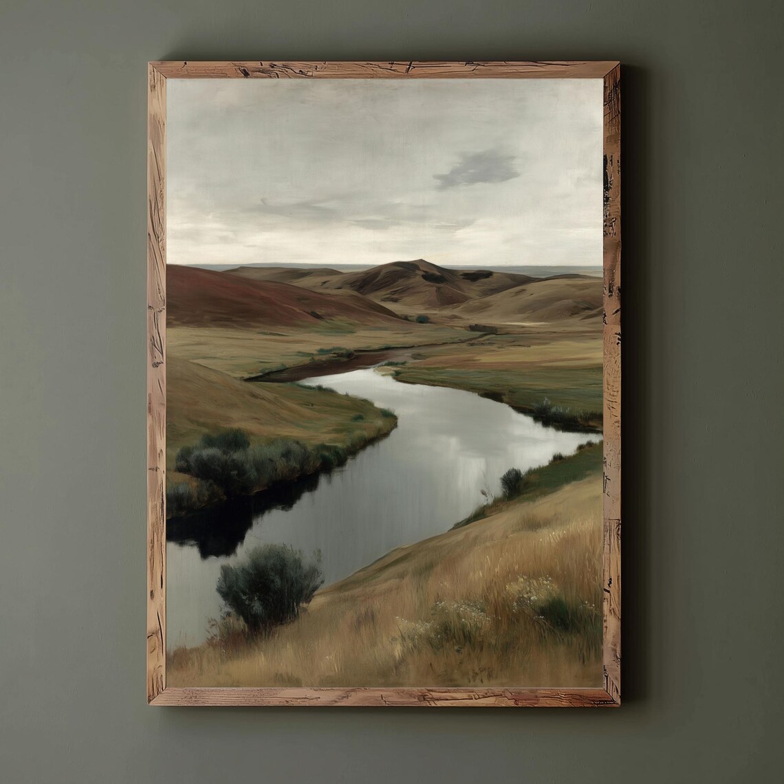 Rustic River Through Rolling Hills Vintage Neutral Landscape Painting Poster