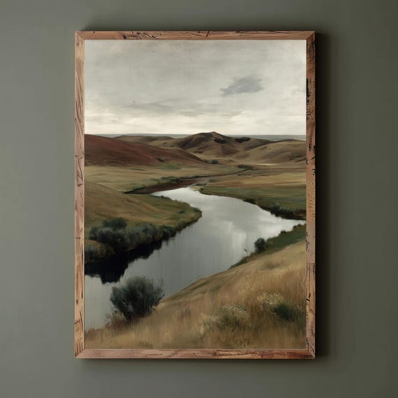 Rustic River Landscape Art Vintage Style Neutral Tones