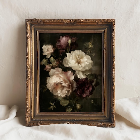 Dark Floral Still Life Painting Vintage Rose Bouquet Wall Art Moody Botanical Print Romantic Baroque Decor