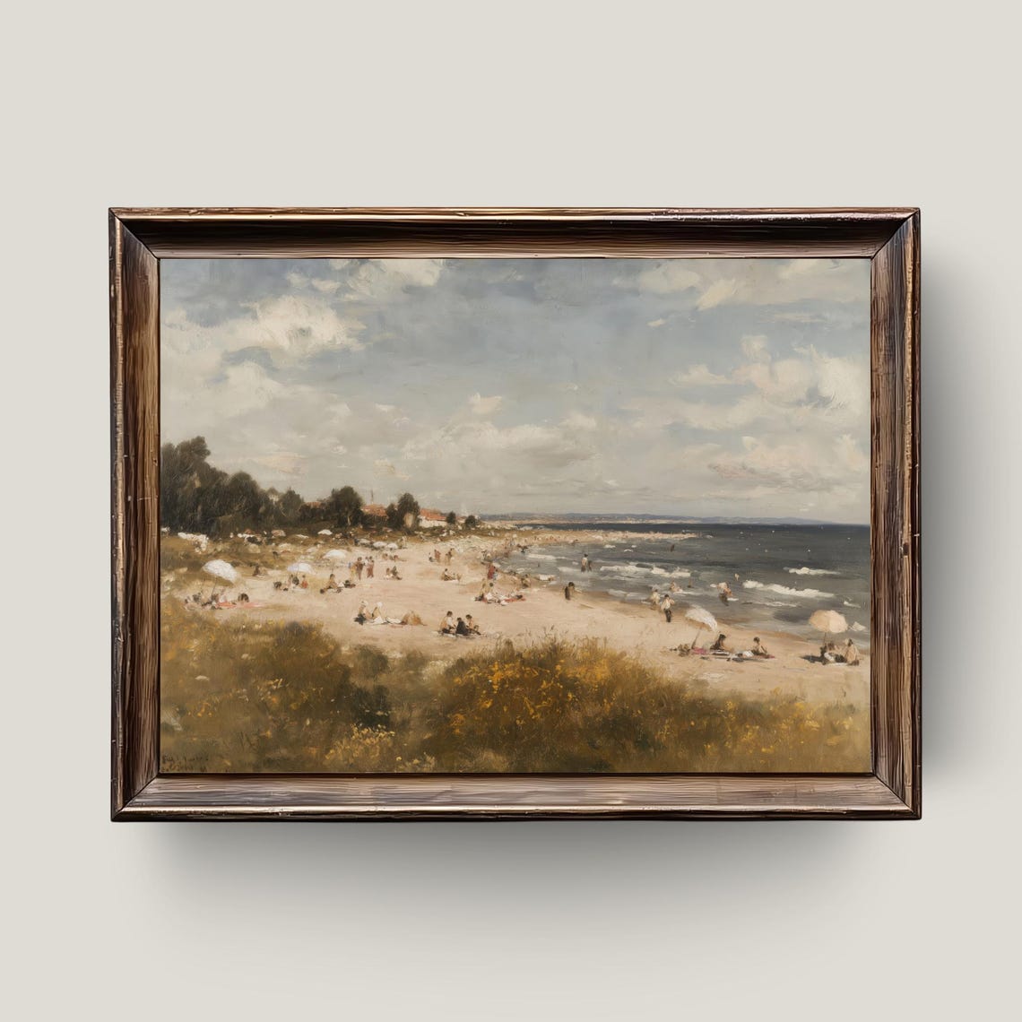 Vintage Beach Day Oil Painting Shoreline Bathers Seaside Scene Poster