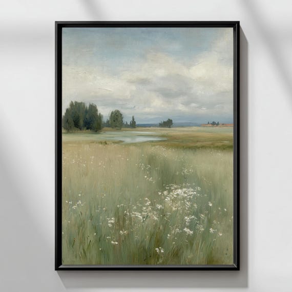 Countryside Landscape Print Rustic Meadow And Lake