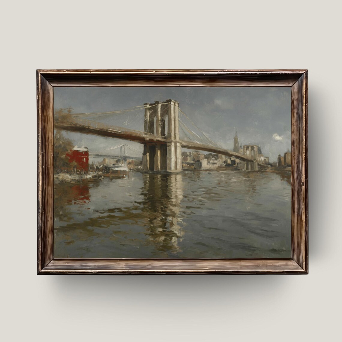 Brooklyn Bridge Vintage Oil Painting East River Classic NYC Scene Print
