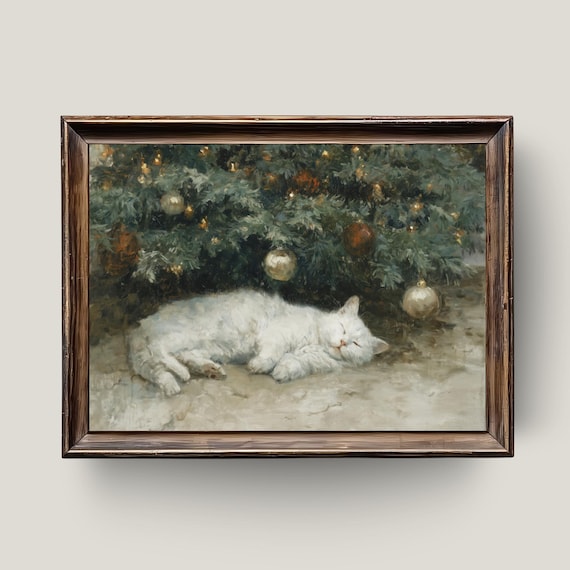White Cat Sleeping Under Christmas Tree Vintage Painting Print