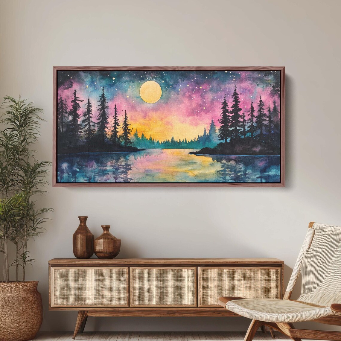 Ethereal Lake Mountain Night, Scenic Nature Print