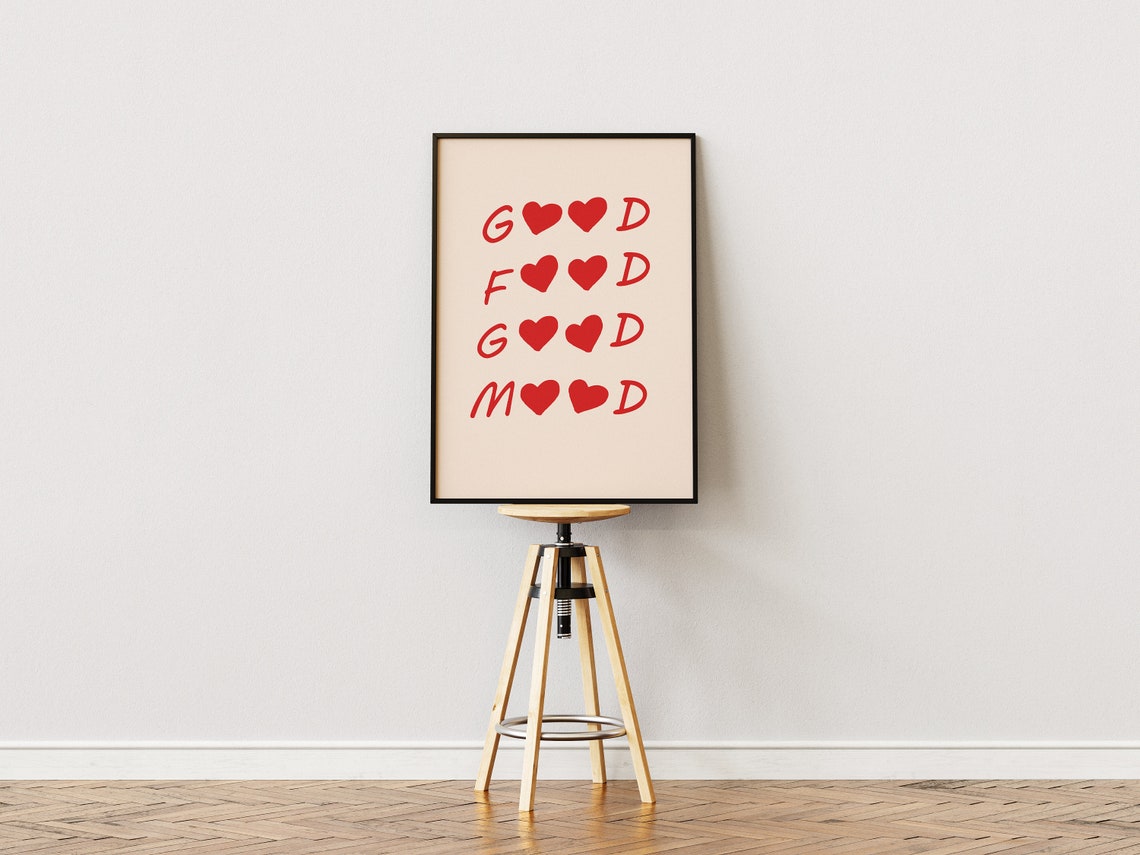 Good Food Good Mood Red Heart Typography Retro Kitchen Poster