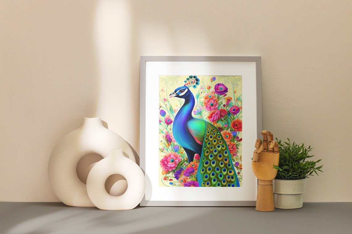 Majestic Colorful Peacock With Exotic Flowers Illustration Poster - Image 4