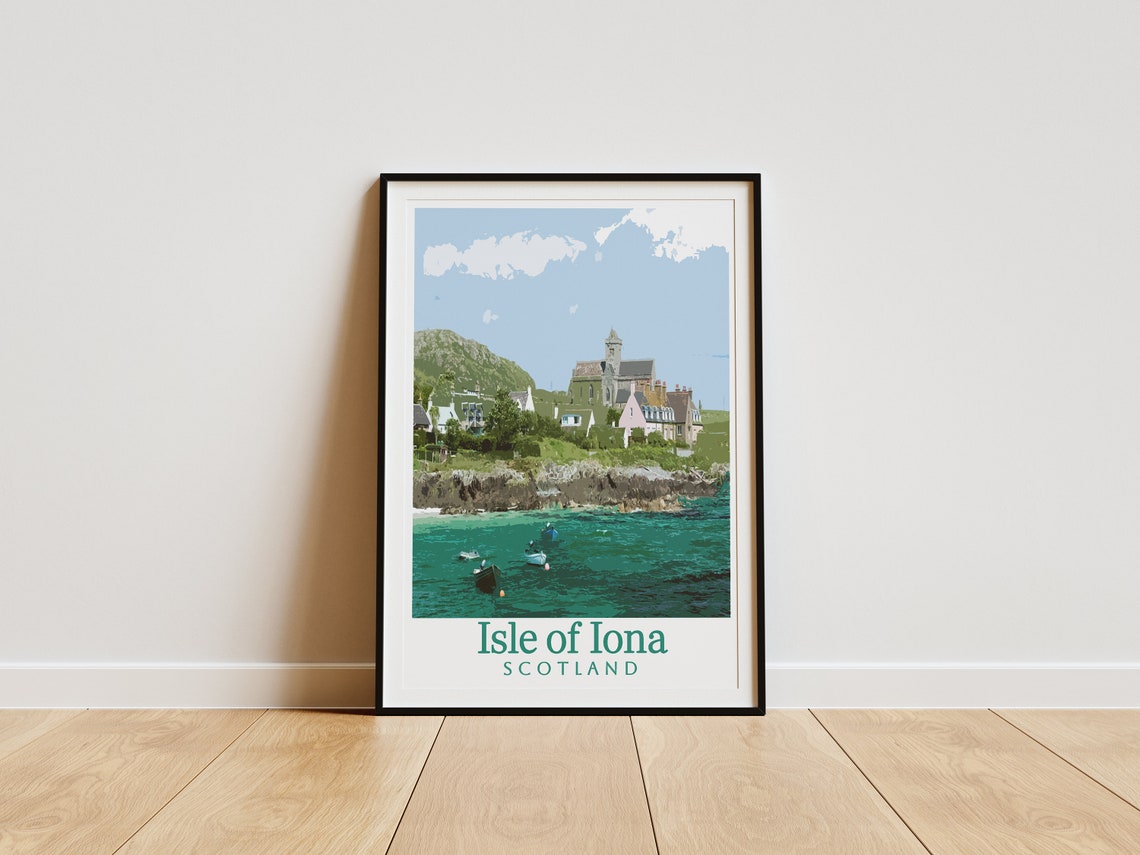 Isle of Iona Scotland Harbor and Abbey Vintage Travel Poster