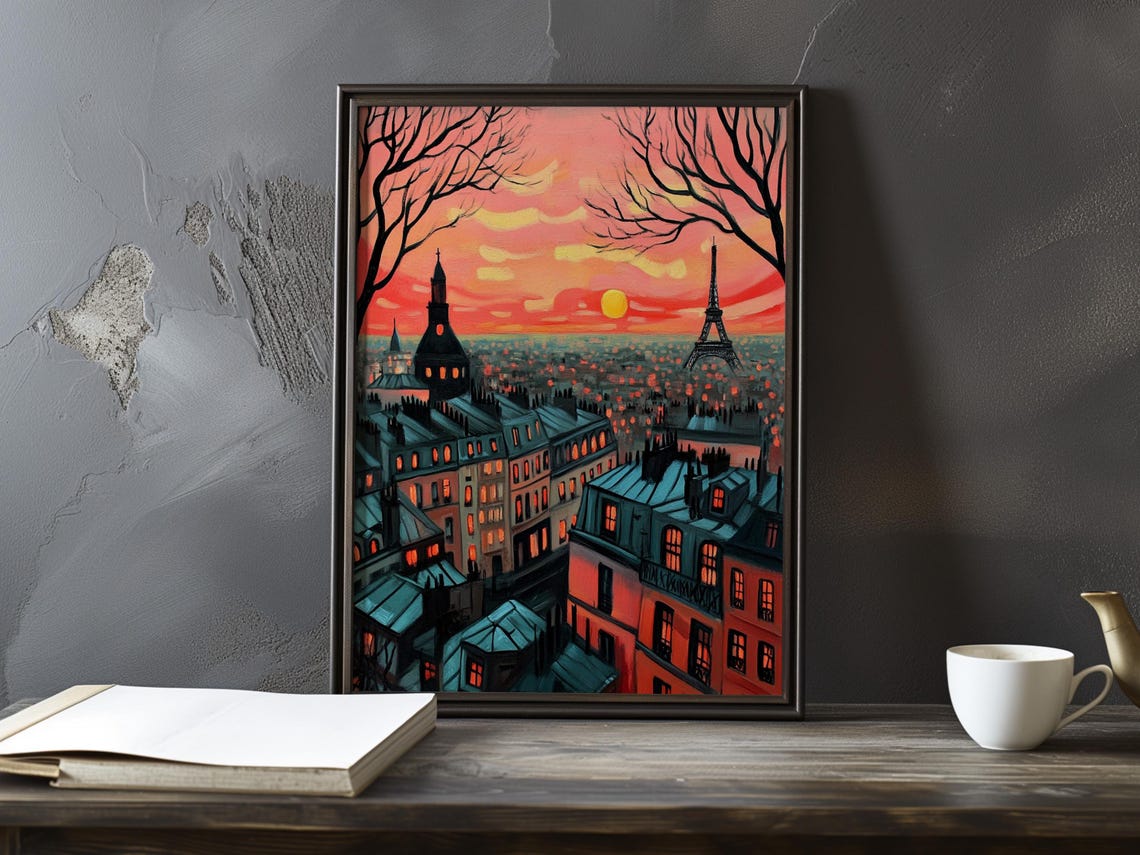 Stylized Paris Rooftops at Sunset With the Eiffel Tower Poster