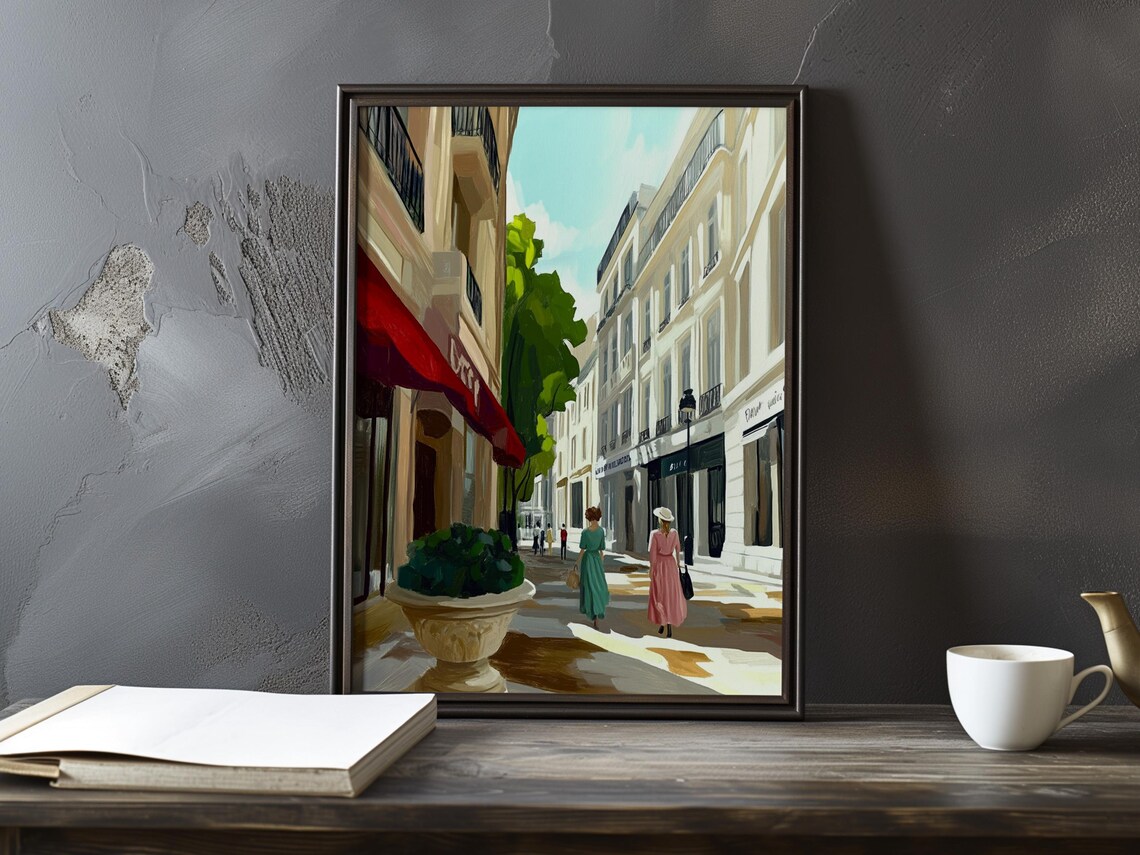 Sunny Paris Street with Red Awning and Two Strolling Women Poster