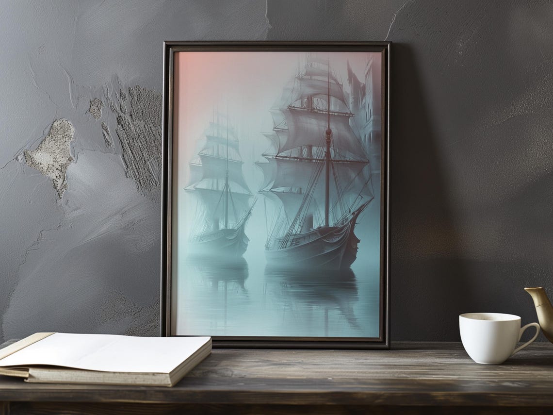 Tall Ships With Full Sails Sailing Through a Foggy Sea Poster