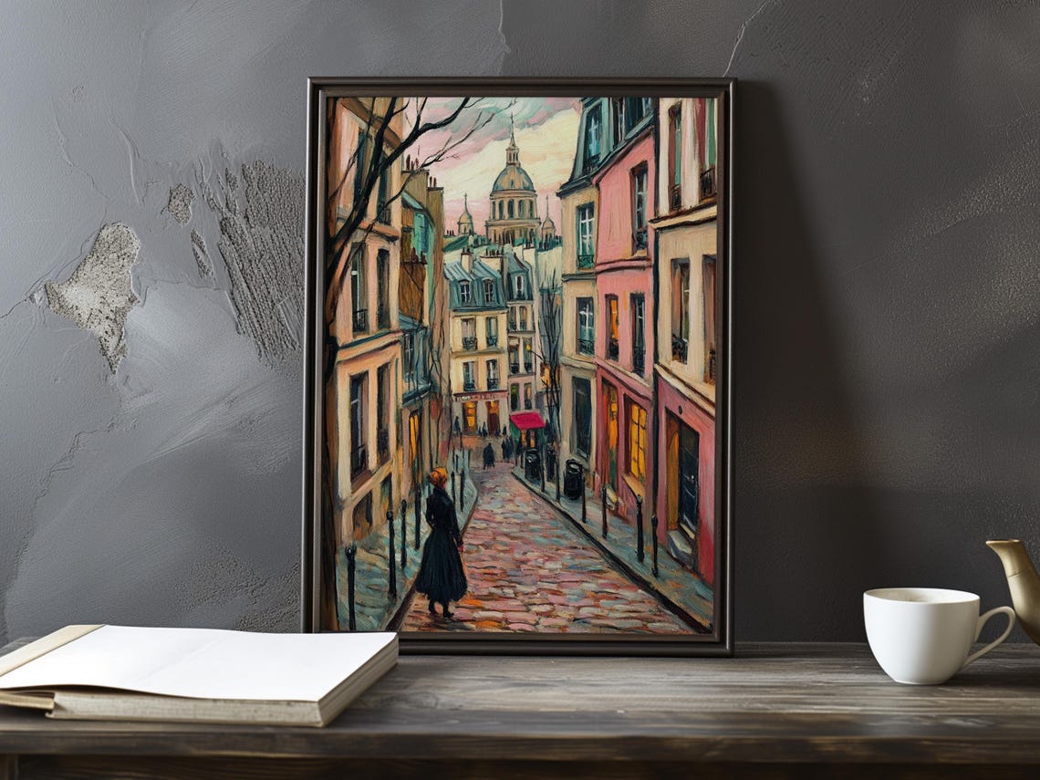 Dusk On A Montmartre Cobblestone Street With Dome View Poster