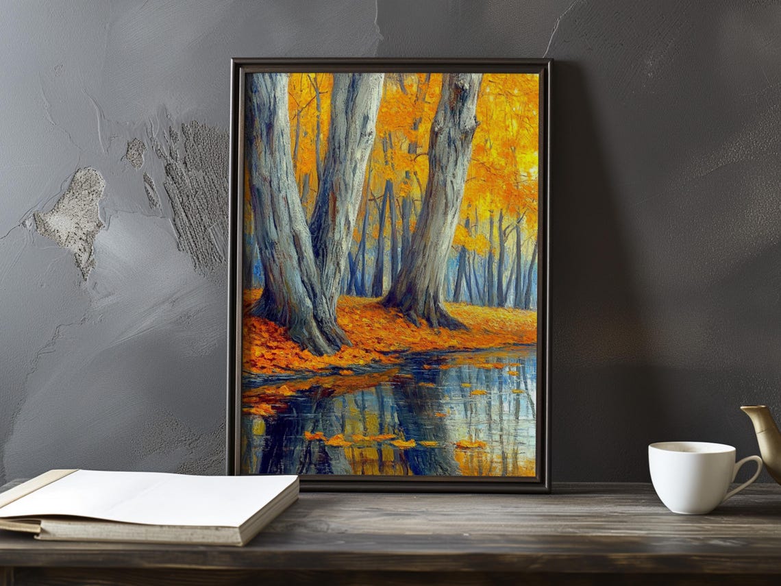 Golden Autumn Forest Reflected on Still Water Impressionist Poster