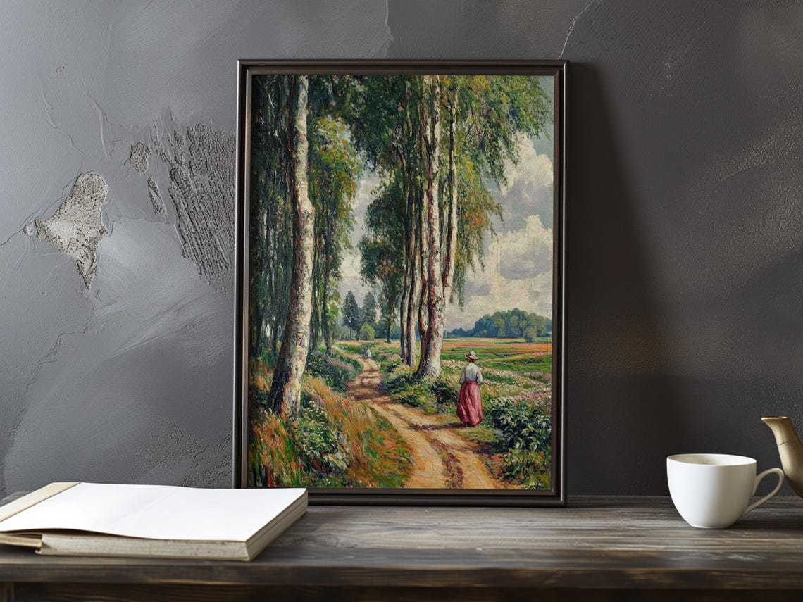Woman on a Tree Lined Country Path With Distant Walkers Poster